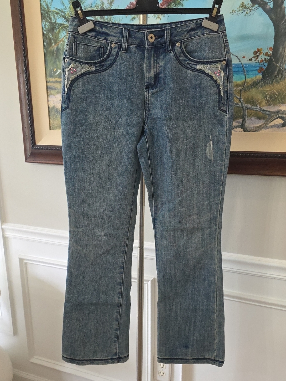 Baccini Blue Boot Cut Jeans with Pink & Silver Embroidery